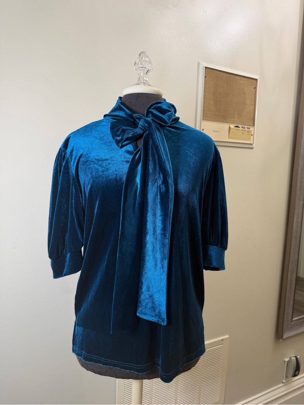 Teal Blue Velvet Bow Neck Blouse Women’s